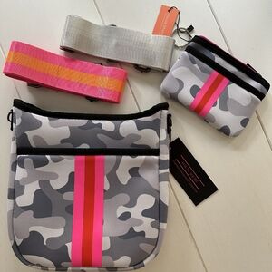 HAUTE SHORE Gray Camouflage Crossbody Bag with Pink Stripe and Coin Purse Set